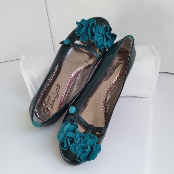 Poetic Licence London Shoes - Teal Leather Mary Jane Ballet Flats with Suede Flowers  'Garden Delight'  Sz 7